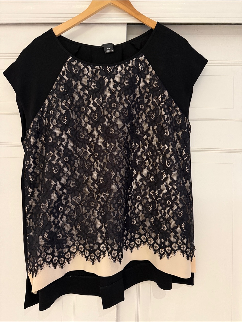 Club Monaco Black Lace Overlay Cap-Sleeve Top with Nude Underlay